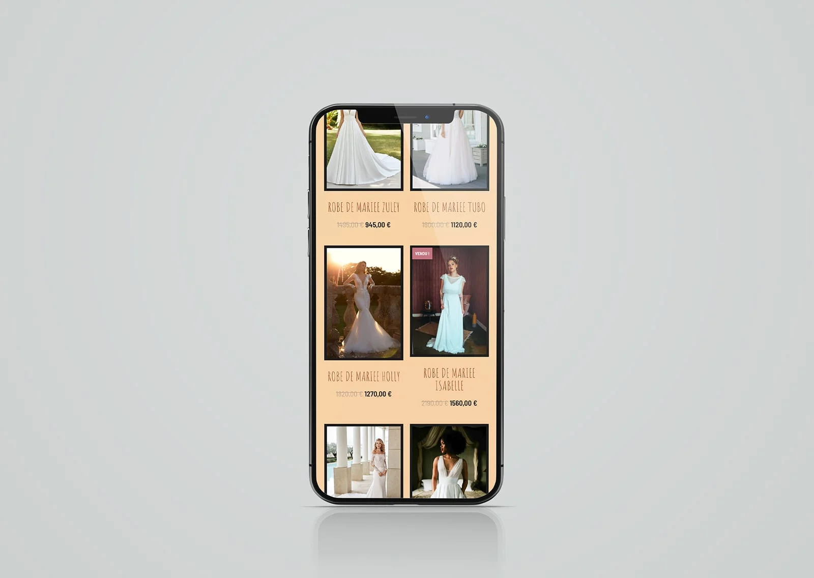 Site web mobile page boutique robes mariees